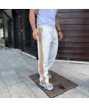 Erkek Üç İplik Kışlık Pamuklu Yandan Garneli Kalın Bej Şeritli Cepli Eşofman Altı - Beyaz