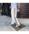 Erkek Üç İplik Kışlık Pamuklu Yandan Garneli Kalın Bej Şeritli Cepli Eşofman Altı - Beyaz