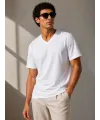 Erkek V Yaka Basic Tişört Kısa Kol Yazlık Regular Fit T-Shirt - Beyaz