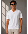 Erkek V Yaka Basic Tişört Kısa Kol Yazlık Regular Fit T-Shirt - Beyaz