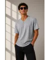 Erkek V Yaka Basic Tişört Kısa Kol Yazlık Regular Fit T-Shirt - Gri