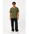 Erkek V Yaka Basic Tişört Kısa Kol Yazlık Regular Fit T-Shirt - Haki