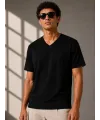 Erkek V Yaka Basic Tişört Kısa Kol Yazlık Regular Fit T-Shirt - Siyah