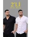 Erkek Waffle Dokuma Açık Yakalı Düğmeli Regular Kalıp 2’li Gömlek Seti - Siyah - Beyaz
