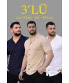 Erkek Waffle Dokuma Açık Yakalı Düğmeli Regular Kalıp 3’lü Gömlek Seti - Bej, Beyaz, Lacivert