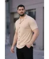 Erkek Waffle Kumaş Kısa Kollu Düğmeli Açık Yaka Regular Fit Gömlek - Bej