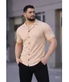 Erkek Waffle Kumaş Kısa Kollu Düğmeli Açık Yaka Regular Fit Gömlek - Bej