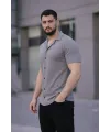 Erkek Waffle Kumaş Kısa Kollu Düğmeli Açık Yaka Regular Fit Gömlek - Gri