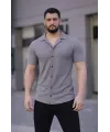 Erkek Waffle Kumaş Kısa Kollu Düğmeli Açık Yaka Regular Fit Gömlek - Gri