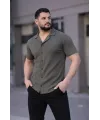 Erkek Waffle Kumaş Kısa Kollu Düğmeli Açık Yaka Regular Fit Gömlek - Haki