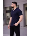 Erkek Waffle Kumaş Kısa Kollu Düğmeli Açık Yaka Regular Fit Gömlek - Lacivert