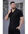 Erkek Waffle Kumaş Kısa Kollu Düğmeli Açık Yaka Regular Fit Gömlek - Siyah