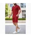 Erkek Waffle Kumaş Kısa Kollu Gömlek Şort Takım Regular Fit Yazlık İkili Set - Bordo