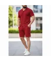 Erkek Waffle Kumaş Kısa Kollu Gömlek Şort Takım Regular Fit Yazlık İkili Set - Bordo