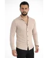 Erkek Waffle Kumaş Uzun Kollu Düğmeli Açık Yaka Regular Fit Gömlek - Bej