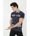 Erkek Yakalı Slim Fit Baskılı T-Shirt - Lacivert