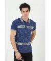 Erkek Yakalı Slim Fit Baskılı T-Shirt - Mavi