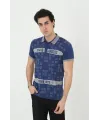 Erkek Yakalı Slim Fit Baskılı T-Shirt - Mavi