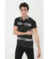 Erkek Yakalı Slim Fit Baskılı T-Shirt - Siyah
