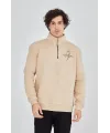 Erkek Yarım Fermuarlı Baskılı Sweat - Bej