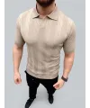 Erkek Yazlık Triko Dokuma Tişört Kısa Kol Polo Yaka T-Shirt - Bej