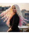 Fiber Sentetik Uzun Su Dalgası Peruk - Platin / Pembe Ombreli