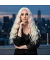 Fiber Sentetik Uzun Su Dalgası Peruk - Platin / Pembe Röfleli