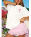 Fiyonk Baskılı Oversize Bisiklet Yaka T-shirt - Beyaz