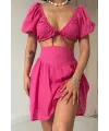Fuşya Brode Crop Ve Mini Etek Takım