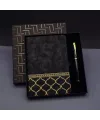 Gold Desen Siyah Deri Defter Kalem Set