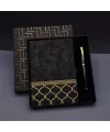 Gold Desen Siyah Deri Defter Kalem Set