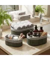 Gri 3 Boy Oval Bambu Kenar Organizer Sepet Ahşap Altlık - Bezli 12x21-16x25-20x30cm