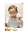 Gri 3’lü Silikon Yemek Seti – Önlük + Diş Kaşıyıcılı Kaşık + Vakumlu Tabak