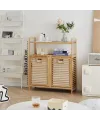 İbico İ21-150 Kirli ( 2 Kat Organizer Raflı & 2 Bölmeli ) ( Önden Çek Aç ) ( Kalın Ahşap Bambu ) Kirli Çamaşır Sepeti ( 80x33x87cm )*4