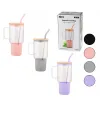 İbico İ22-349 ( Cam ) ( 1000ml ) Matara & Suluk ( Bambu Kapak & Sızdırmaz Silikonlu ) ( Çelik Pipet ) ( Koruyucu Silikon Altlık & Kılıf )*24