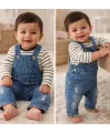 6-18 Ay Çizgili Badili Kot Salopet Bebek Takımı