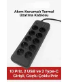 ieg™  Akım Korumalı Termal Uzatma Kablosu – 10 Priz, 2 USB ve 2 Type-C Girişli, Güçlü Çoklu Priz