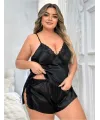 Büyük Beden Siyah Yırtmaç Dantel İşlemeli Saten Şortlu Takım