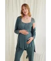 Dantelli Önü Düğmeli Hamile Lohusa 3lü Viskon Pijama Takımı