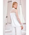 Dantelli ve Tüllü Uzun Kollu Önü Düğmeli Saten Pijama Takımı