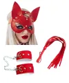 Fantezi Deri Seksi Kırmızı Kedi Maske Kelepçe Kırbaç Seti ( 3lü set) IEG5367