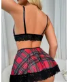 Fantezi Seksi Dantelli Ekose Sütyen Mini Etek Takım IEG10128