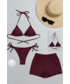 ieg™ Kadın 3lü Set Bordo Şortlu ve Yandan Bağlamalı Bikini Mayo Takımı