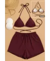 ieg™ Kadın 3lü Set Bordo Şortlu ve Yandan Bağlamalı Bikini Mayo Takımı