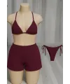 ieg™ Kadın 3lü Set Bordo Şortlu ve Yandan Bağlamalı Bikini Mayo Takımı