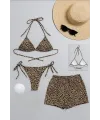 ieg™ Kadın 3lü Set Leopar Desenli Şortlu ve Yandan Bağlamalı Bikini Mayo Takımı