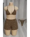 ieg™ Kadın 3lü Set Leopar Desenli Şortlu ve Yandan Bağlamalı Bikini Mayo Takımı
