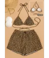ieg™ Kadın 3lü Set Leopar Desenli Şortlu ve Yandan Bağlamalı Bikini Mayo Takımı