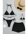 ieg™ Kadın 3lü Set Siyah Şortlu ve Yandan Bağlamalı Bikini Mayo Takımı