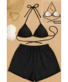 ieg™ Kadın 3lü Set Siyah Şortlu ve Yandan Bağlamalı Bikini Mayo Takımı